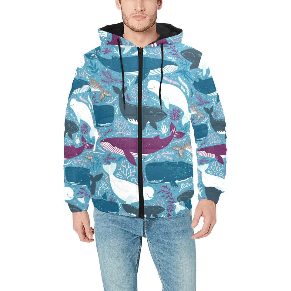 Whale design pattern Men's Padded Hooded Jacket