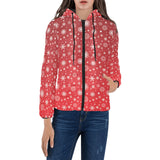 Snowflake pattern red background Women's Padded Hooded Jacket