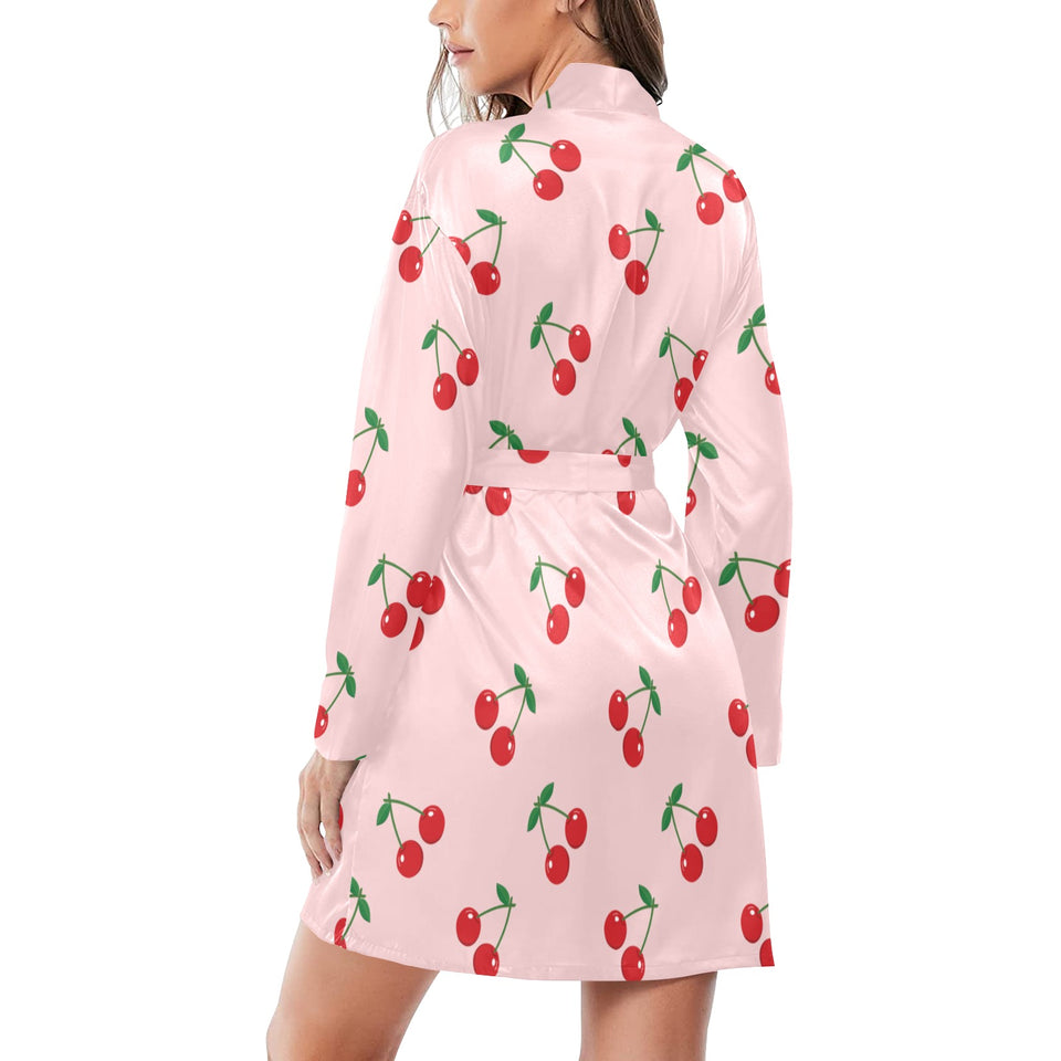 cherry pattern pink background Women's Long Sleeve Belted Night Robe
