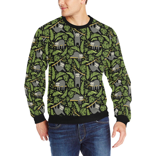 Cute sloths tropical palm leaves black background Men's Crew Neck Sweatshirt