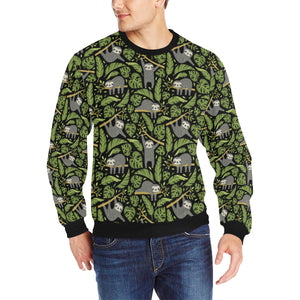 Cute sloths tropical palm leaves black background Men's Crew Neck Sweatshirt