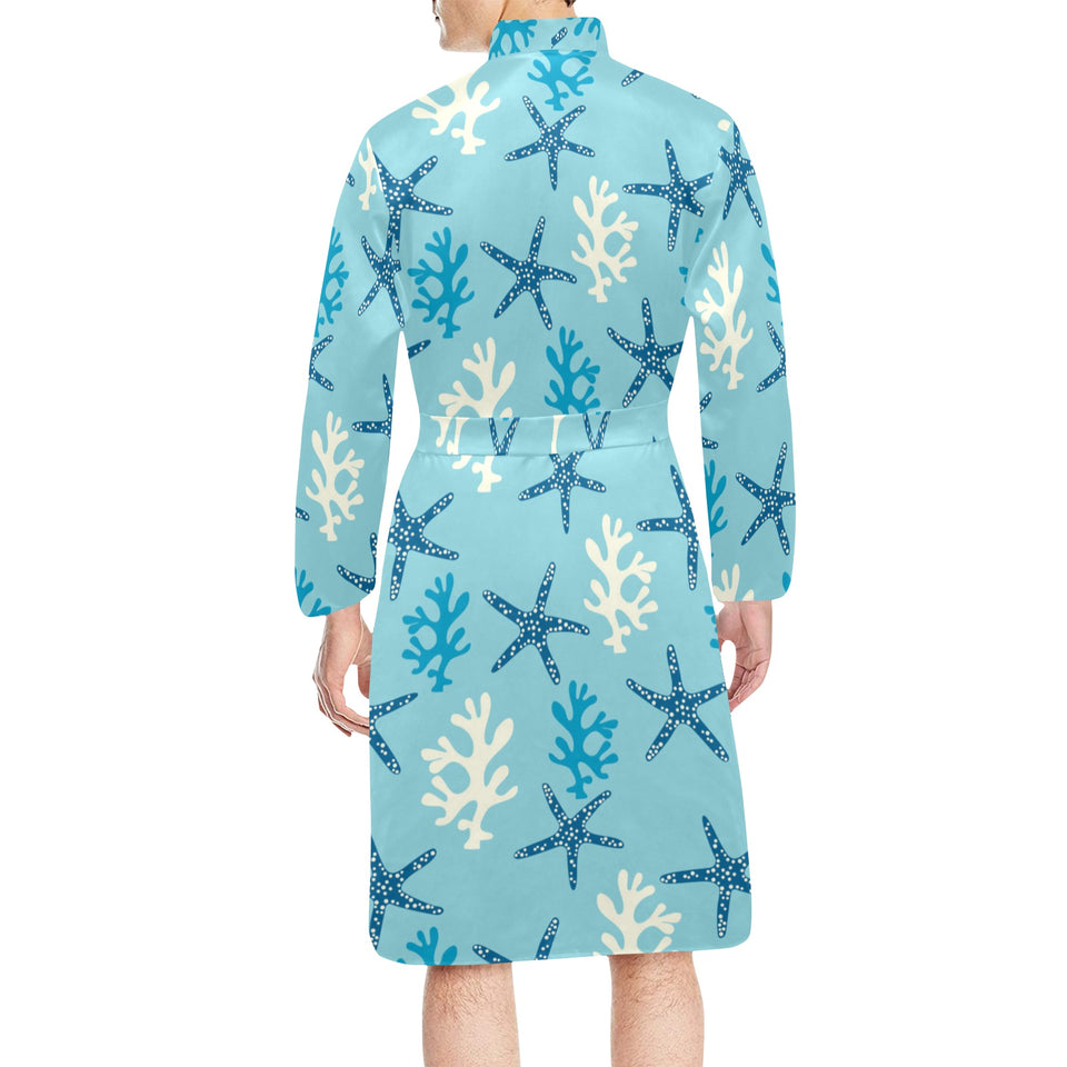 Blue starfish coral reef pattern Men's Long Sleeve Belted Night Robe