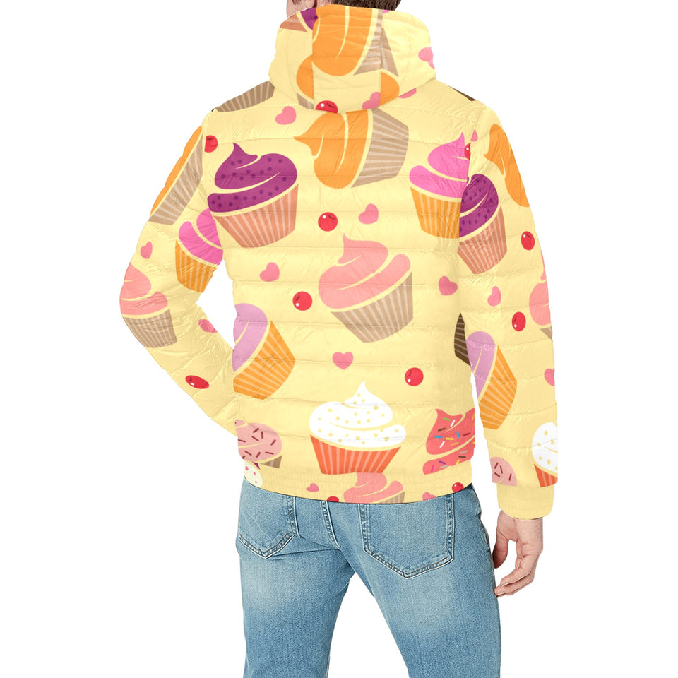 cake cupcake heart cherry pattern Men's Padded Hooded Jacket
