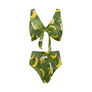 Banana Palm Leaves pattern Chest Bowknot High Waisted Bikini Swimsuit