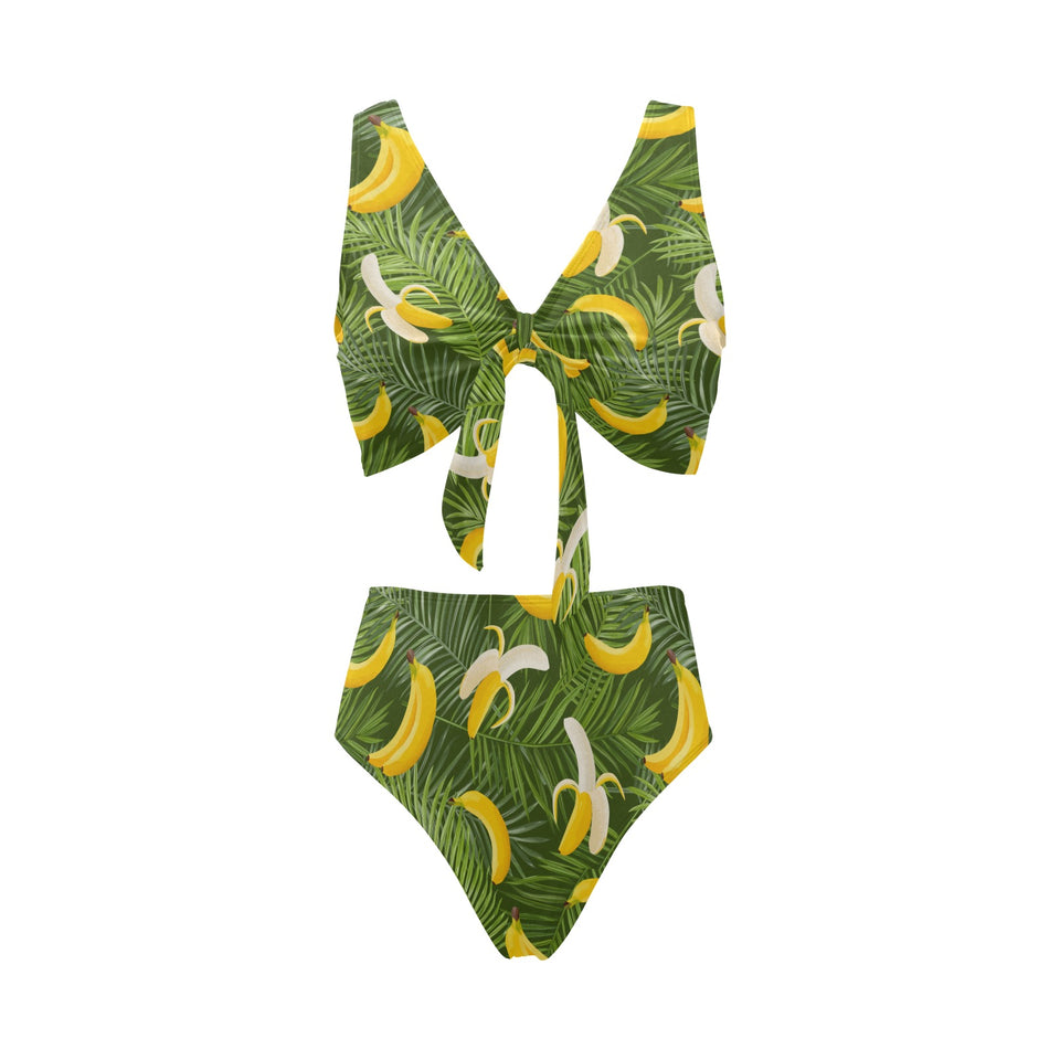 Banana Palm Leaves pattern Chest Bowknot High Waisted Bikini Swimsuit