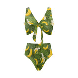 Banana Palm Leaves pattern Chest Bowknot High Waisted Bikini Swimsuit