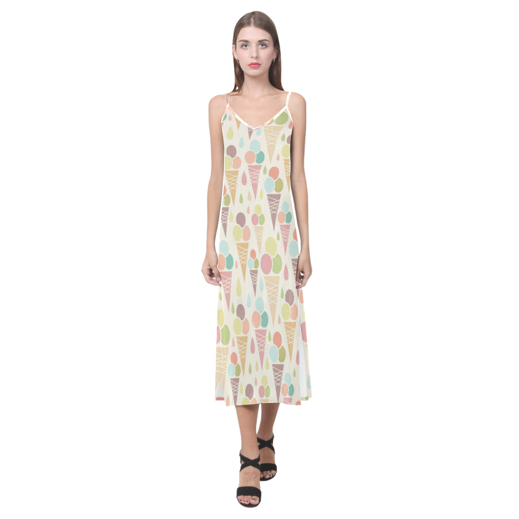 Ice cream cone pattern V-Neck Open Fork Long Dress