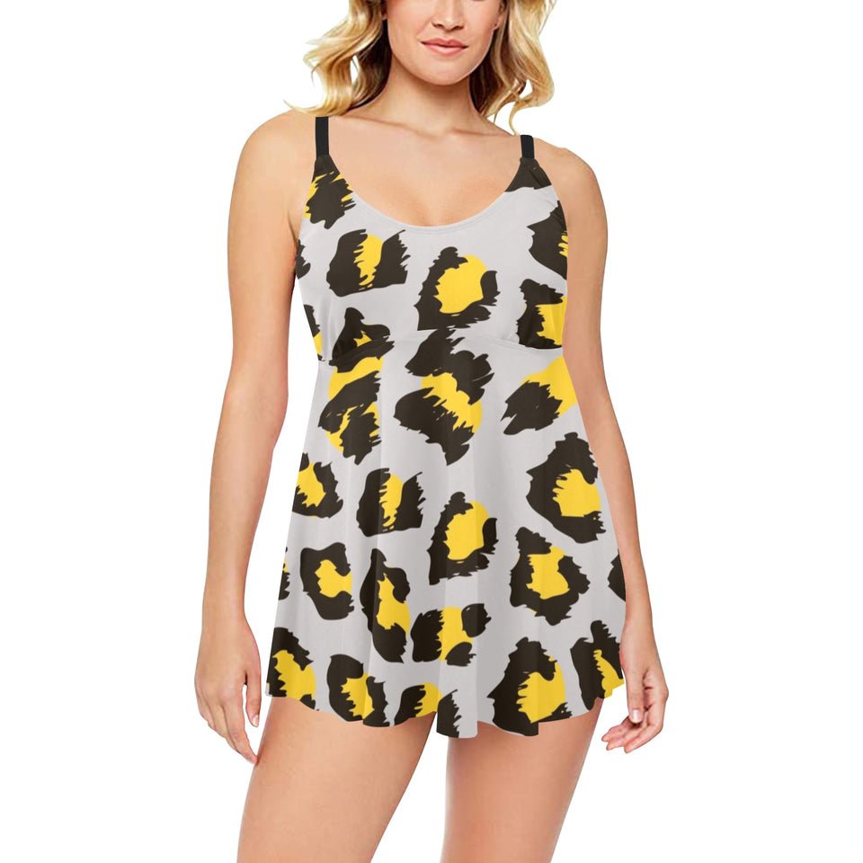 Gray Leopard print pattern Chest Sexy Pleated Two Piece Swim Dress