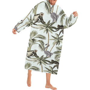 Monkey sloth lemur palm trees pattern Blanket Robe with Sleeves