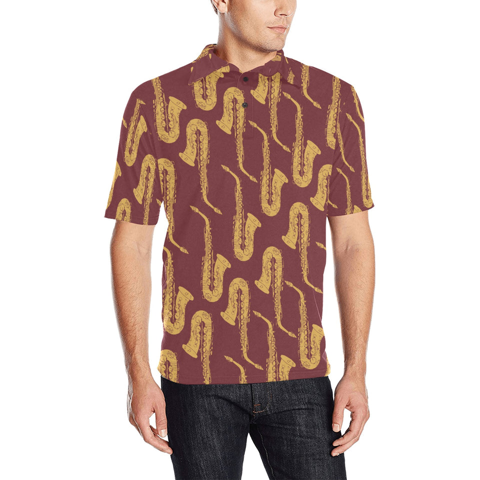 Hand drawn gold saxophone red background Men's All Over Print Polo Shirt