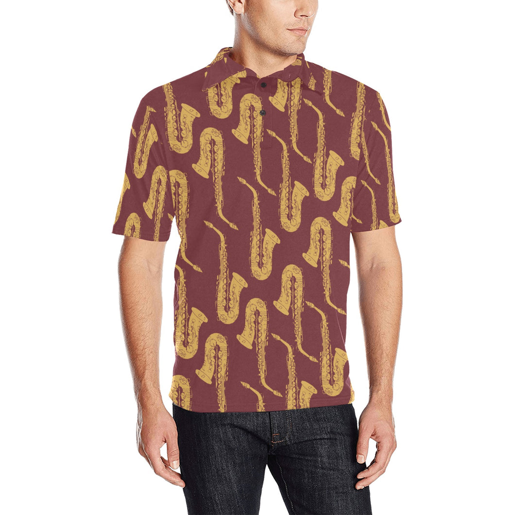 Hand drawn gold saxophone red background Men's All Over Print Polo Shirt