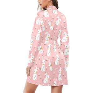 Cute white rabbit flower pink background Women's Long Sleeve Belted Night Robe