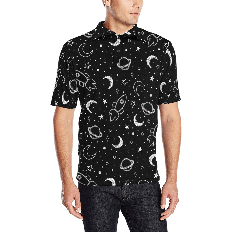 Hand drawn space rocket star planet Men's All Over Print Polo Shirt