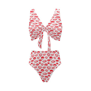 Lips Pattern Print Design 05 Chest Bowknot High Waisted Bikini Swimsuit