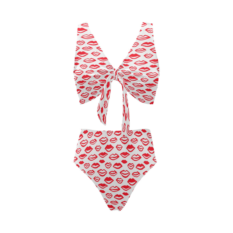 Lips Pattern Print Design 05 Chest Bowknot High Waisted Bikini Swimsuit