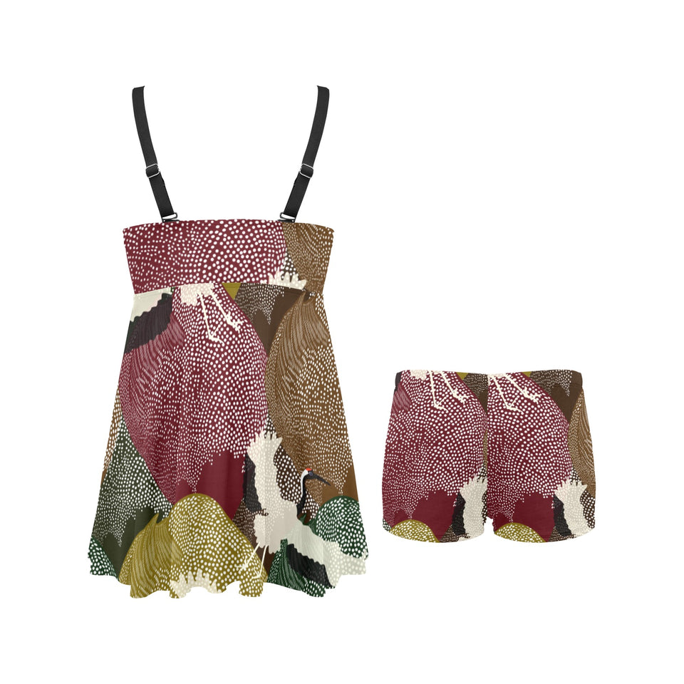 Japanese cranes flying forest dot pattern Chest Sexy Pleated Two Piece Swim Dress