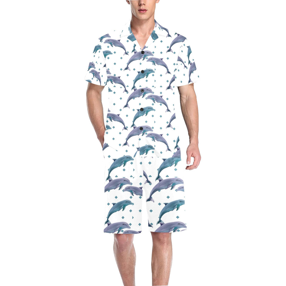 Dolphins pattern dotted background Men's V-Neck Short Pajama Set