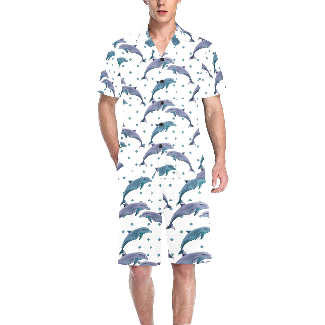 Dolphins pattern dotted background Men's V-Neck Short Pajama Set