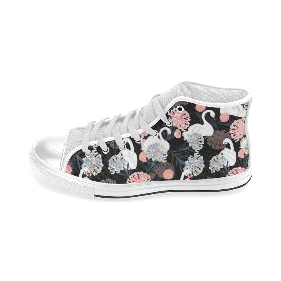 white swan blooming flower pattern Men's High Top Canvas Shoes White