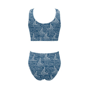 Hand drawn sailboat pattern Chest Bowknot High Waisted Bikini Swimsuit