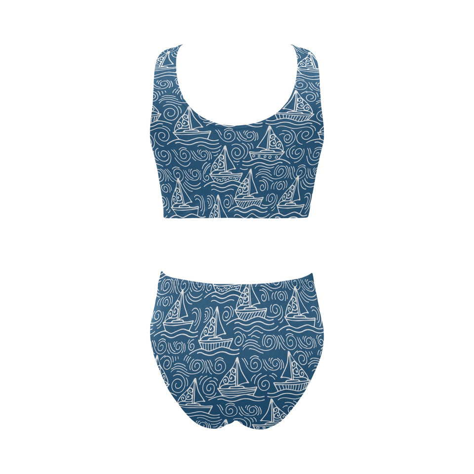 Hand drawn sailboat pattern Chest Bowknot High Waisted Bikini Swimsuit
