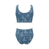 Hand drawn sailboat pattern Chest Bowknot High Waisted Bikini Swimsuit
