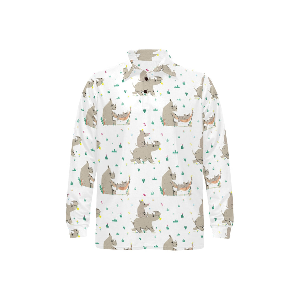 Cute Rhino pattern background Men's Long Sleeve Polo Shirt