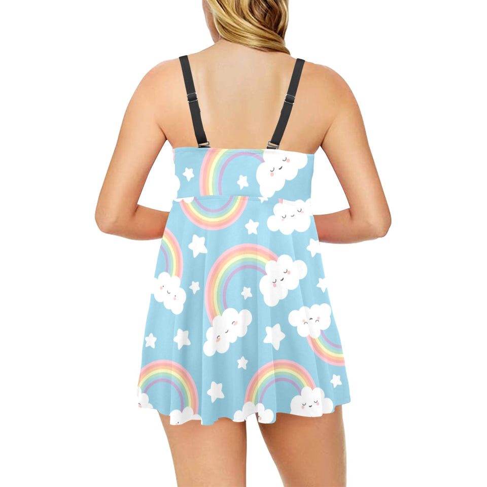 Cute rainbow clound star pattern blue background Chest Sexy Pleated Two Piece Swim Dress