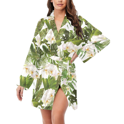 White orchid flower tropical leaves pattern Women's Long Sleeve Belted Night Robe