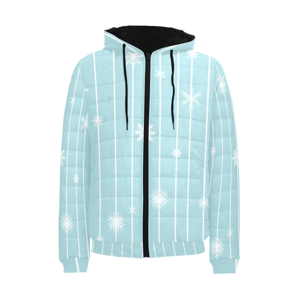 Snowflake pattern blue stripe background Men's Padded Hooded Jacket