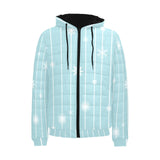 Snowflake pattern blue stripe background Men's Padded Hooded Jacket
