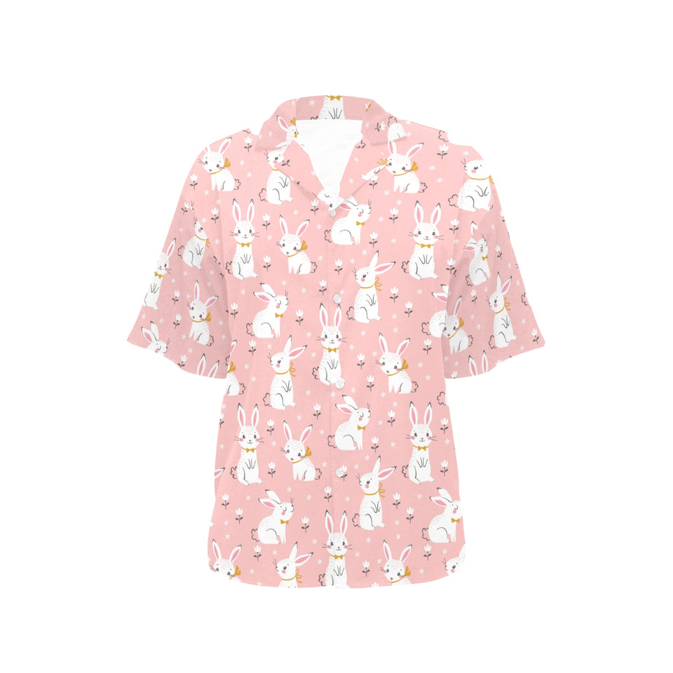 Cute white rabbit flower pink background Women's All Over Print Hawaiian Shirt
