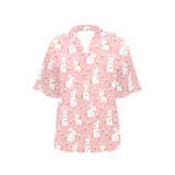 Cute white rabbit flower pink background Women's All Over Print Hawaiian Shirt