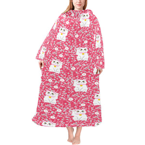 Maneki neko cat sakura pink background Blanket Robe with Sleeves