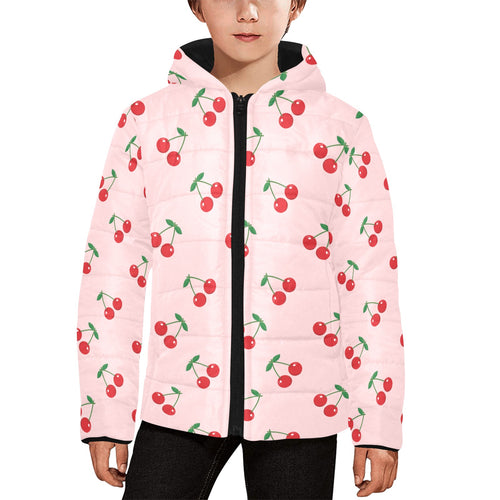 cherry pattern pink background Kids' Boys' Girls' Padded Hooded Jacket