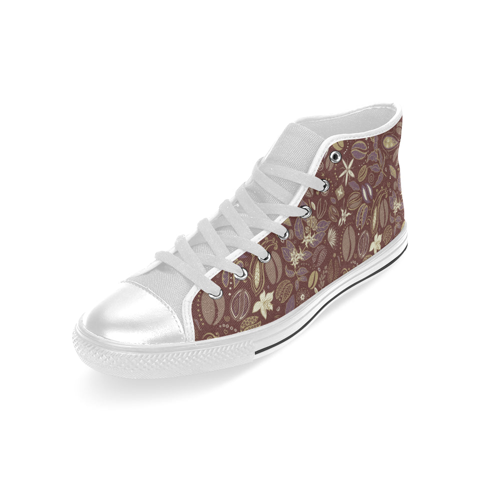 Coffee bean flower pattern Men's High Top Canvas Shoes White