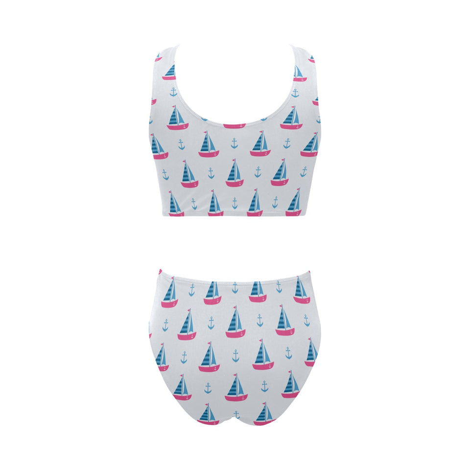 Sailboat anchor pattern Chest Bowknot High Waisted Bikini Swimsuit