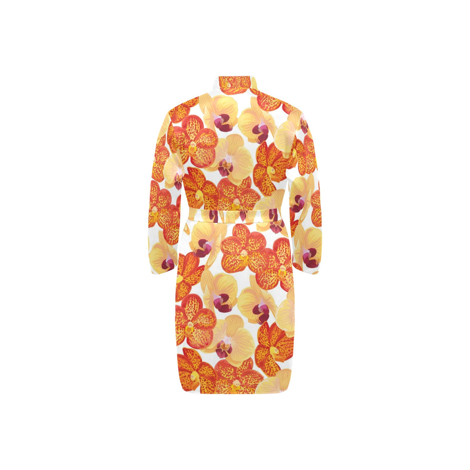 Orange yellow orchid flower pattern background Men's Long Sleeve Belted Night Robe