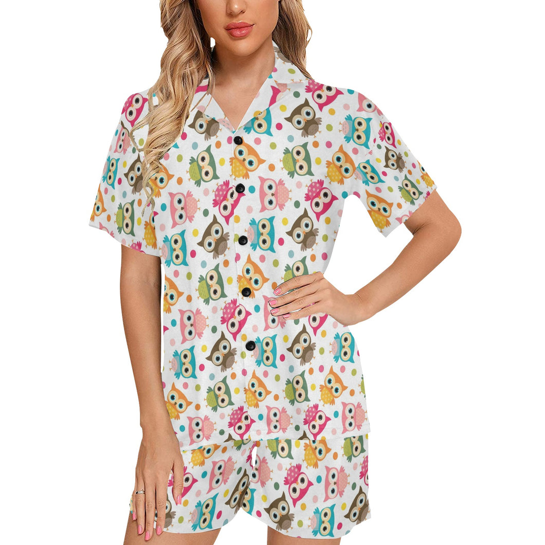 Color cute owl pattern Women's V-Neck Short Pajama Set