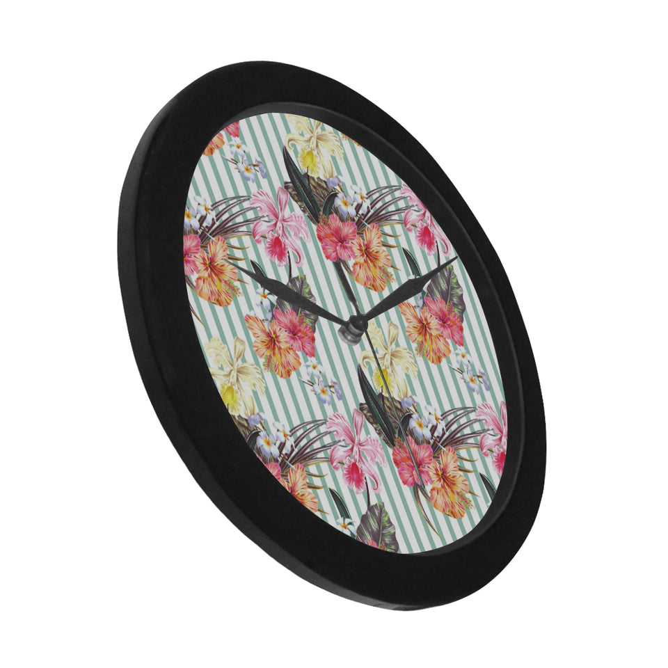 Colorful orchid flower pattern Elegant Black Wall Clock