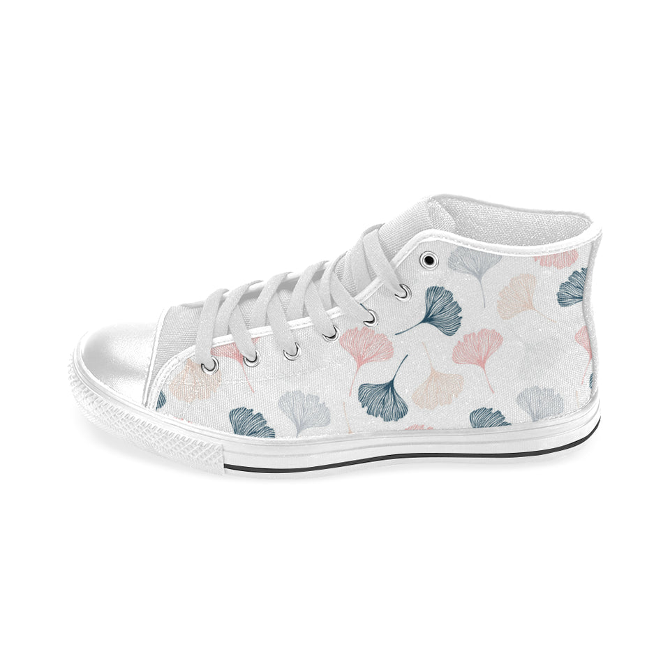 Black Gray Cream coral ginkgo leaves pattern Men's High Top Canvas Shoes White