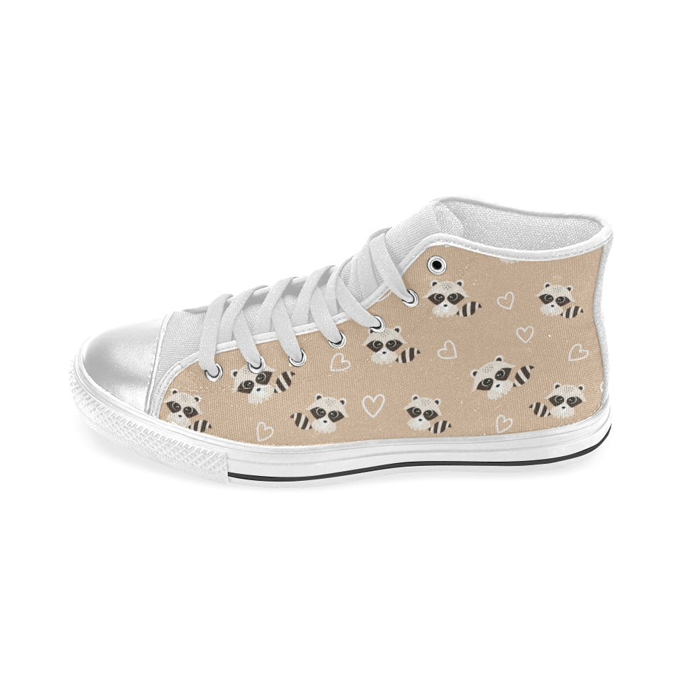 Cute raccoon heart pattern Women's High Top Canvas Shoes White