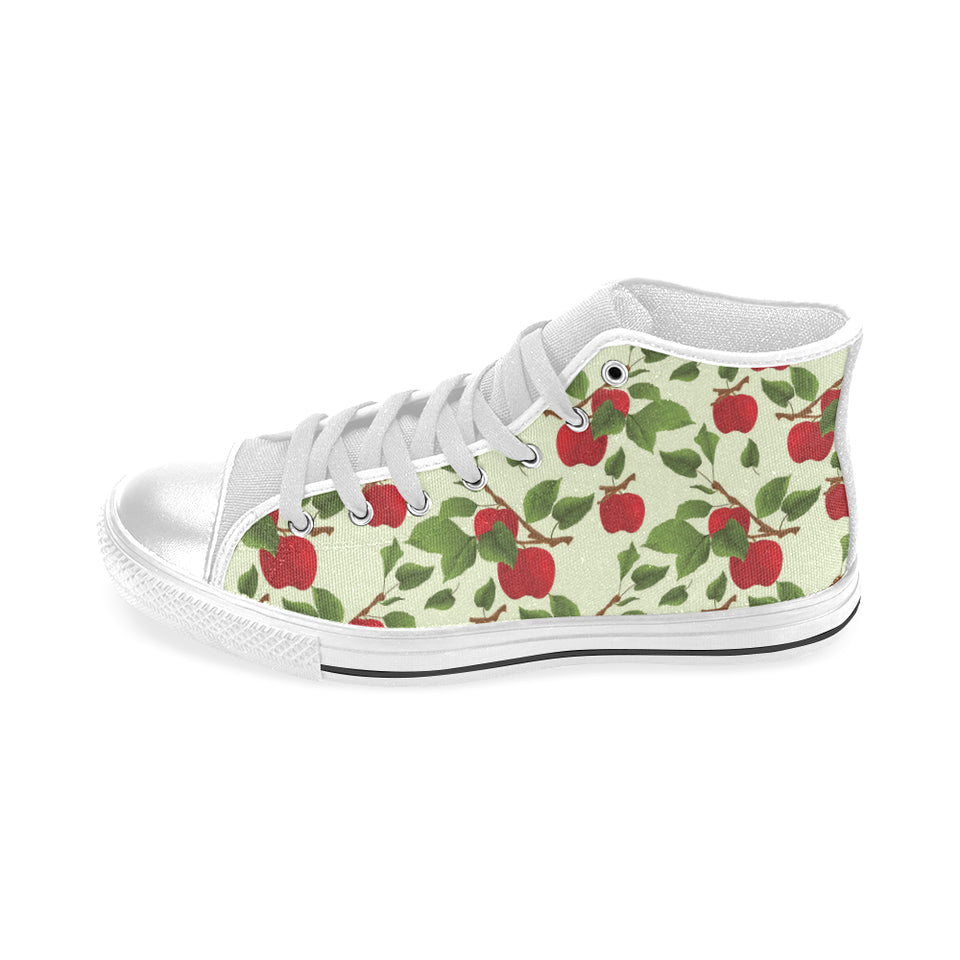 Red apples leaves pattern Men's High Top Canvas Shoes White