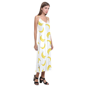Banana pattern V-Neck Open Fork Long Dress