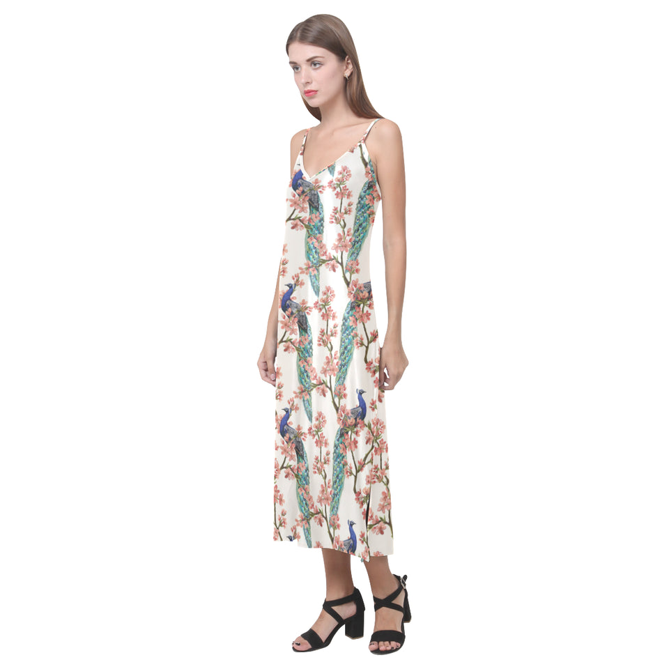Peacock tropical flower pattern V-Neck Open Fork Long Dress