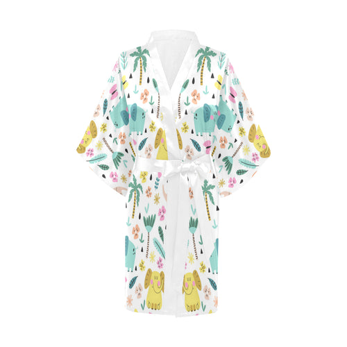 Cute elephants palm tree flower butterfly pattern Women's Short Kimono Robe
