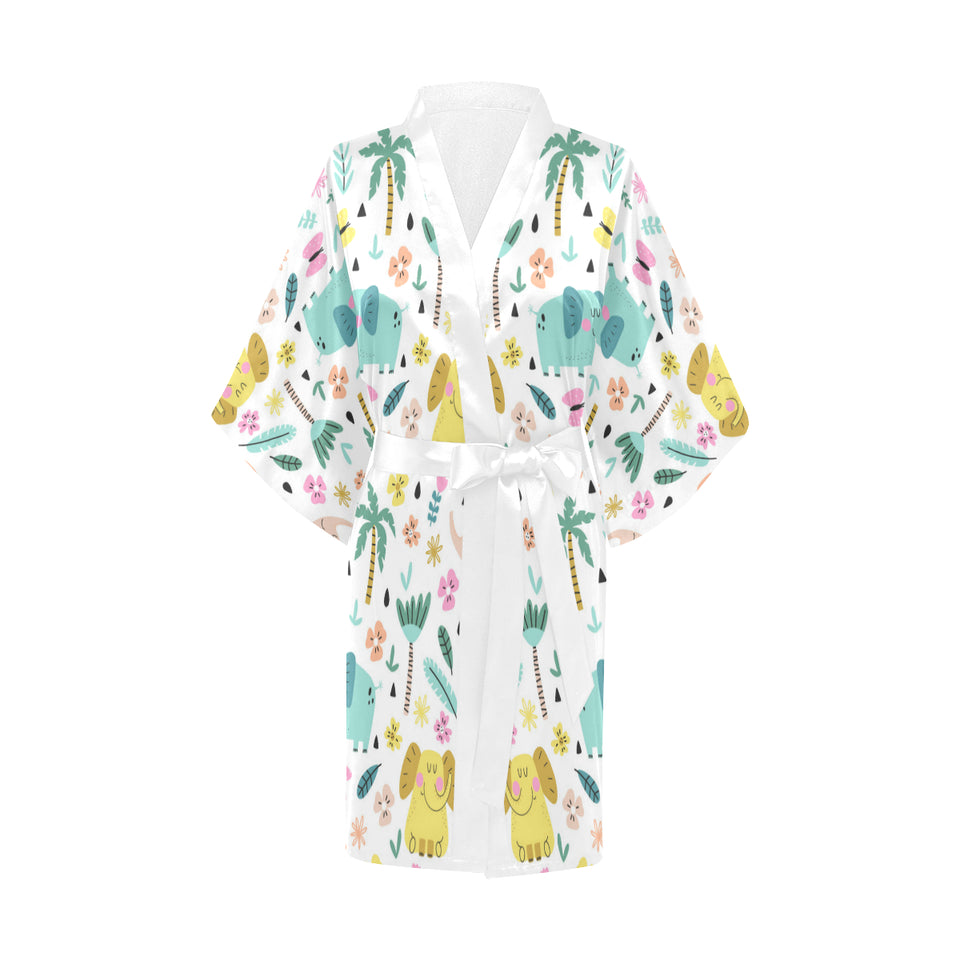 Cute elephants palm tree flower butterfly pattern Women's Short Kimono Robe