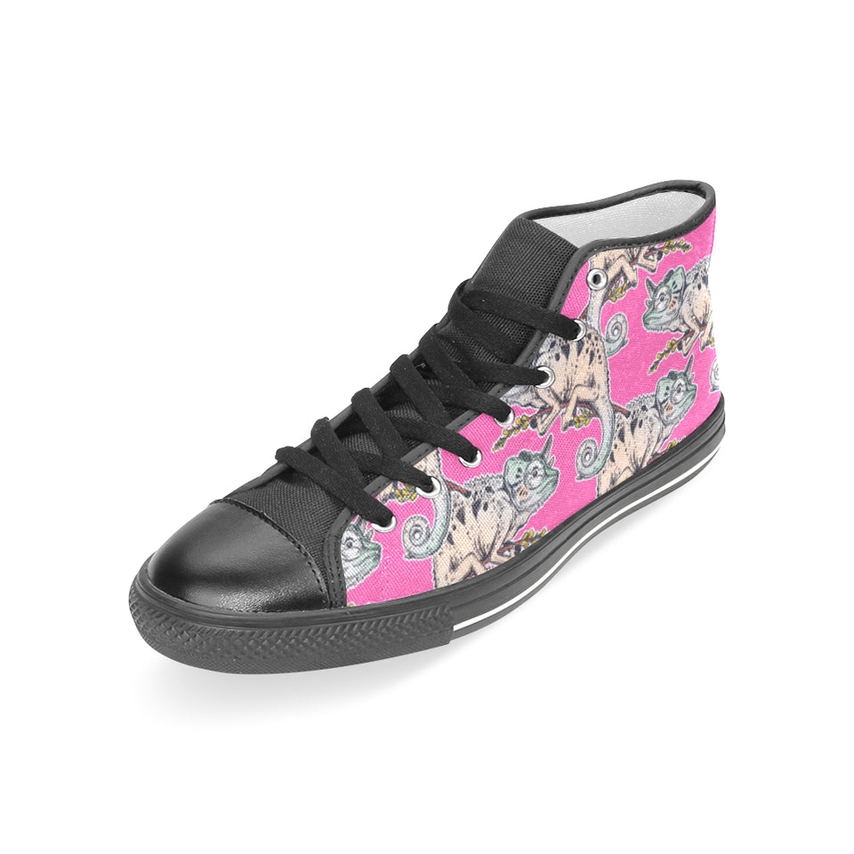 Chameleon lizard pattern pink background Women's High Top Canvas Shoes Black