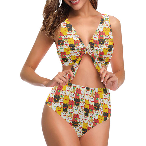 Colorful Maneki neko cat pattern Chest Bowknot High Waisted Bikini Swimsuit
