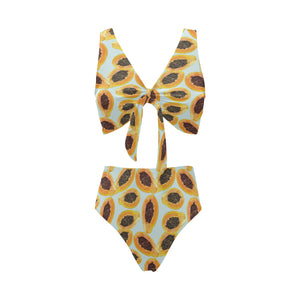 Watercolor papaya pattern Chest Bowknot High Waisted Bikini Swimsuit